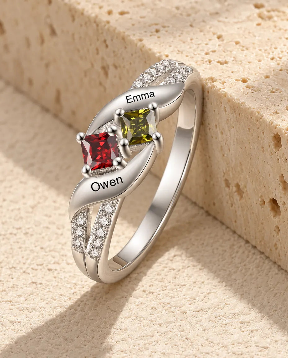 Anillo Personalizado con 2 Nombres y 2 Piedras de Nacimiento - anillo de plata de ley 925 para pareja o mamá con grabado