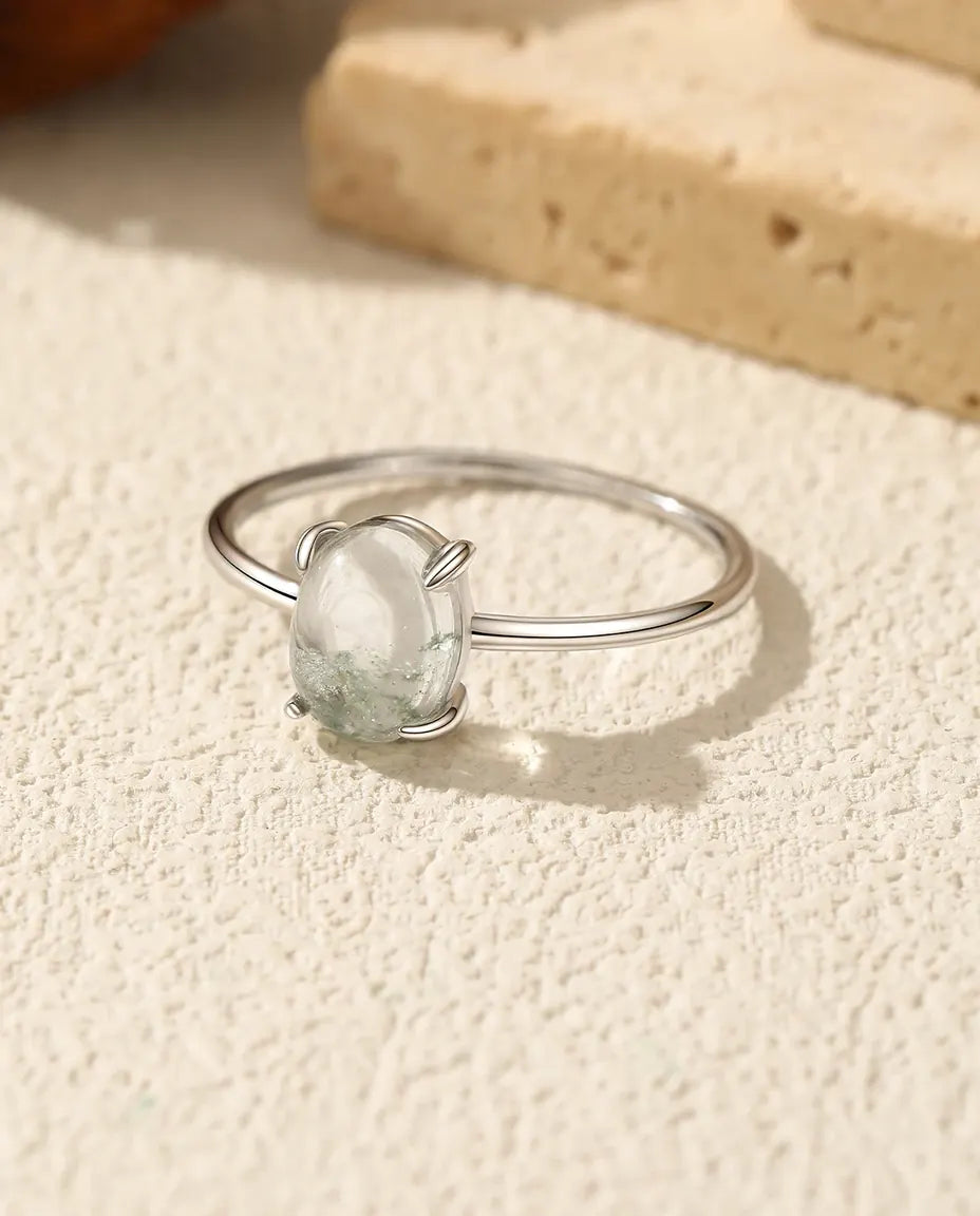 Anillo de ágata musgosa – solitario cabujón ovalado de 6 x 8 mm en plata de ley 925, aro fino apilable
