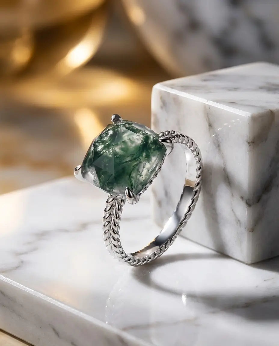 Anillo de ágata musgosa – talla cojín de 10x10 mm en plata de ley 925 con baño de oro blanco y aro trenzado
