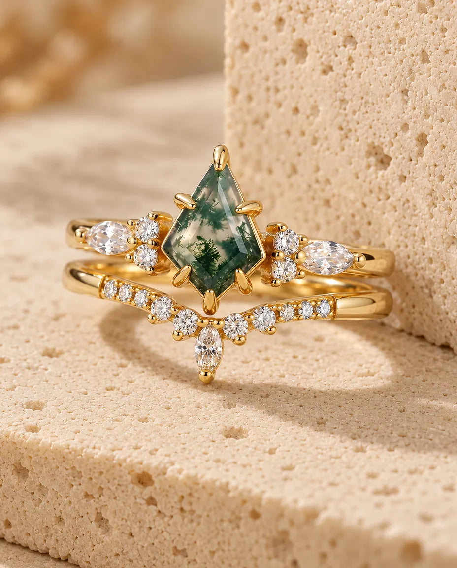 Anillo de ágata musgosa - el conjunto completo