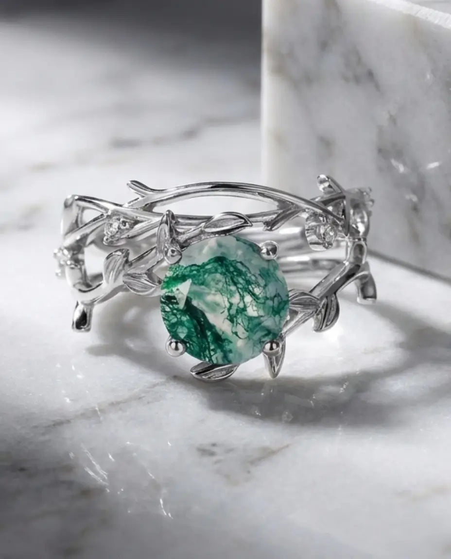Dúo de anillos de ágata musgosa – plata de ley 925 con motivo de ramas, ajustables, regalo para ella