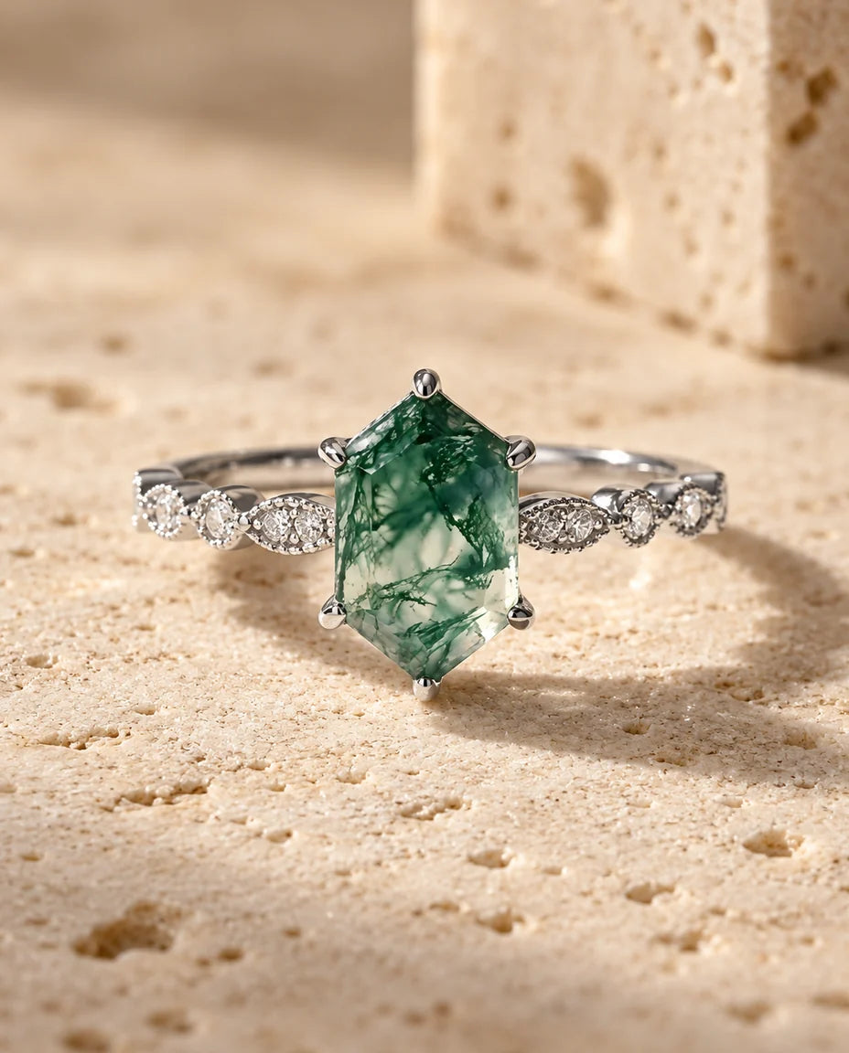 Anillo de ágata musgosa - vista frontal