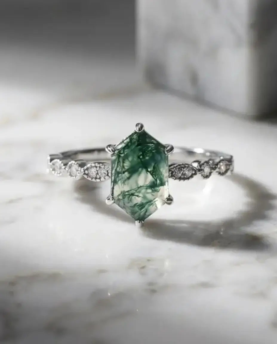 Anillo de ágata musgosa – hexágono alargado de 6x10 mm en plata de ley 925, estilo Art Déco vintage