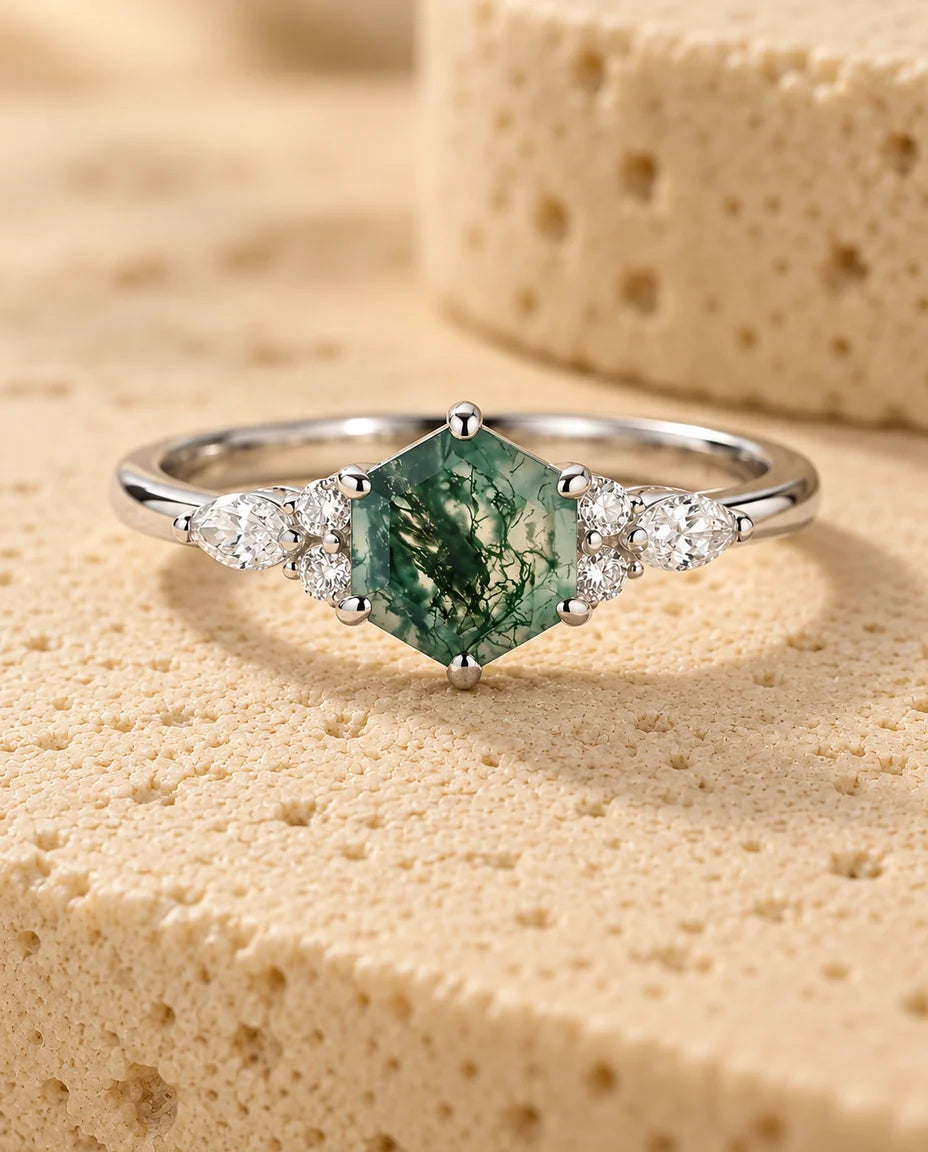 Anillo de ágata musgosa hexagonal - vista frontal