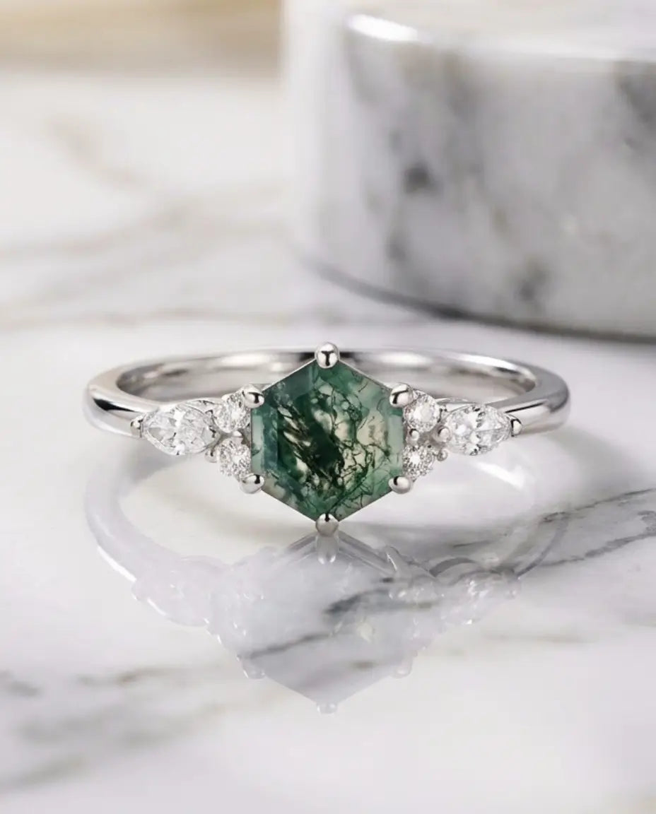 Anillo de ágata musgosa hexagonal – aire art déco en plata de ley 925, acabado plata o dorado