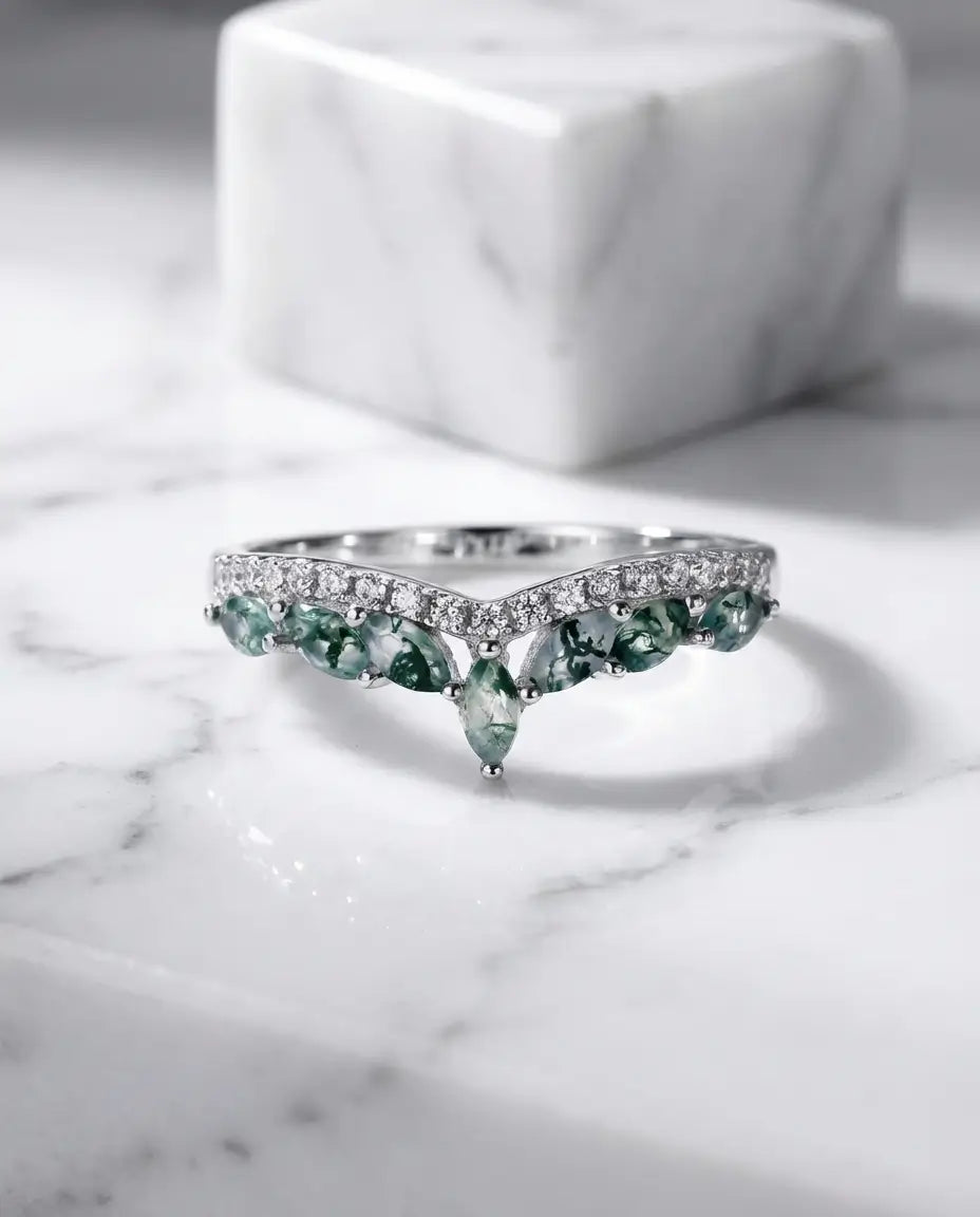 Anillo de ágata musgosa talla marquesa – aro chevron con hojas en plata de ley 925, para apilar