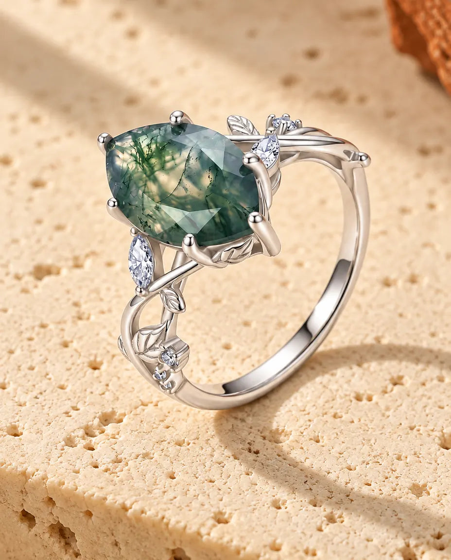 Anillo de Ágata Musgosa – Solitario Marquesa sobre Ramas de Plata con Hojas y Circonitas, Anillo de Compromiso de Plata 925 Inspirado en la Naturaleza