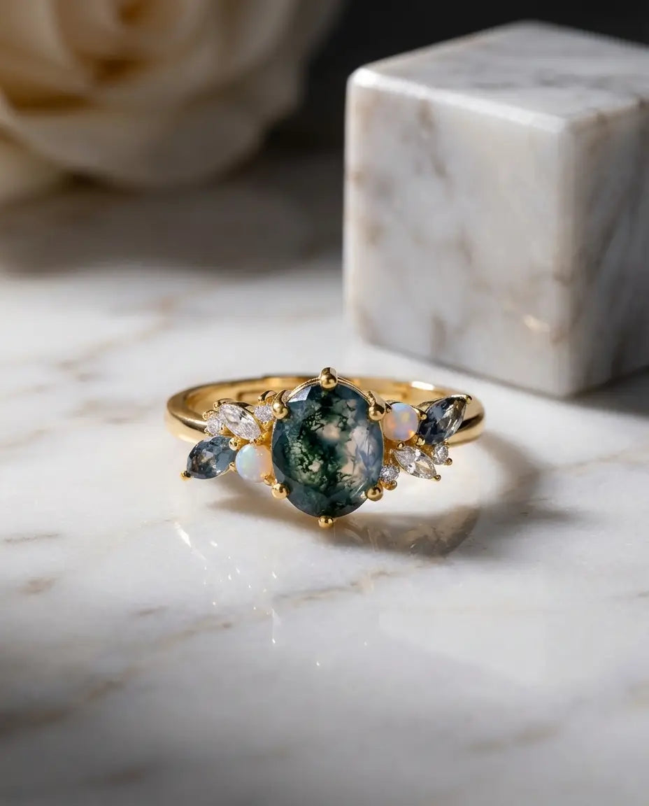 Anillo de ágata musgosa – ovalado con ópalos y circonitas azules, chapado en oro 10k, ajustable, regalo para ella
