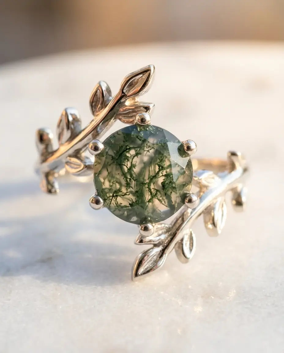 Anillo de ágata musgosa redonda de 8 mm – aro de hojas y ramas entrelazadas, plata de ley 925 maciza