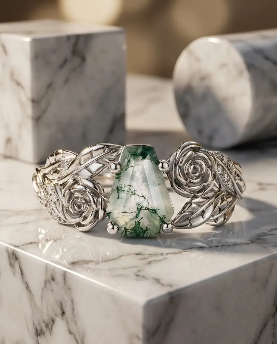 Anillo de ágata musgosa talla ataúd – plata de ley 925 con baño de oro blanco, rosas y hojas en relieve