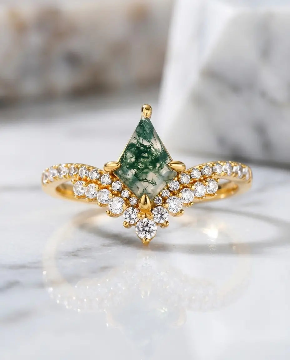 Anillo de ágata musgosa – talla cometa Art Déco, plata de ley 925 con baño de oro, regalo para ella