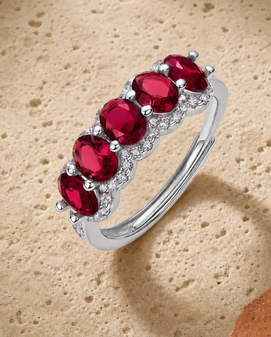 Anillo de cinco rubíes de laboratorio – halos degradados y aro ajustable de plata de ley 925, regalo para ella