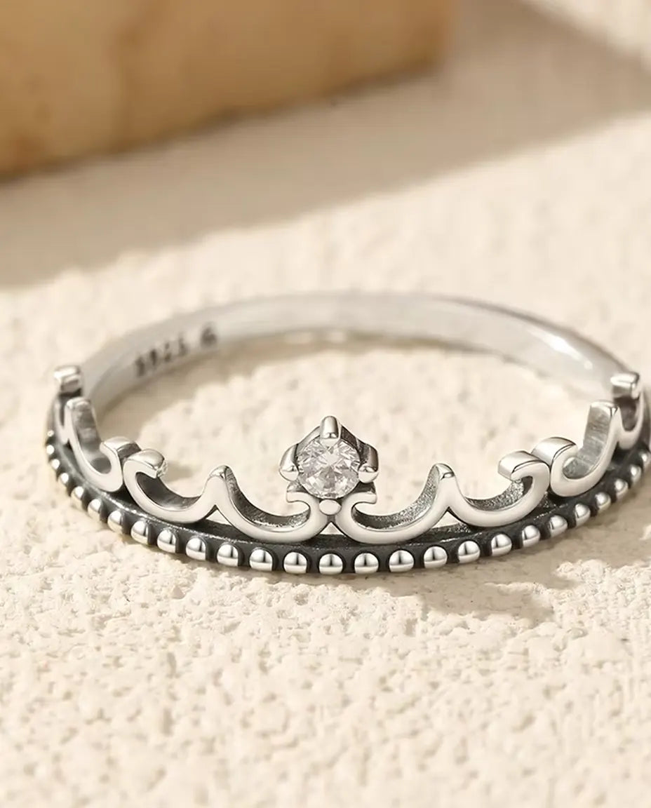 Anillo tiara de circonita – corona oxidada con borde de bolitas y piedra de 2 mm, plata 925, tallas 5-9