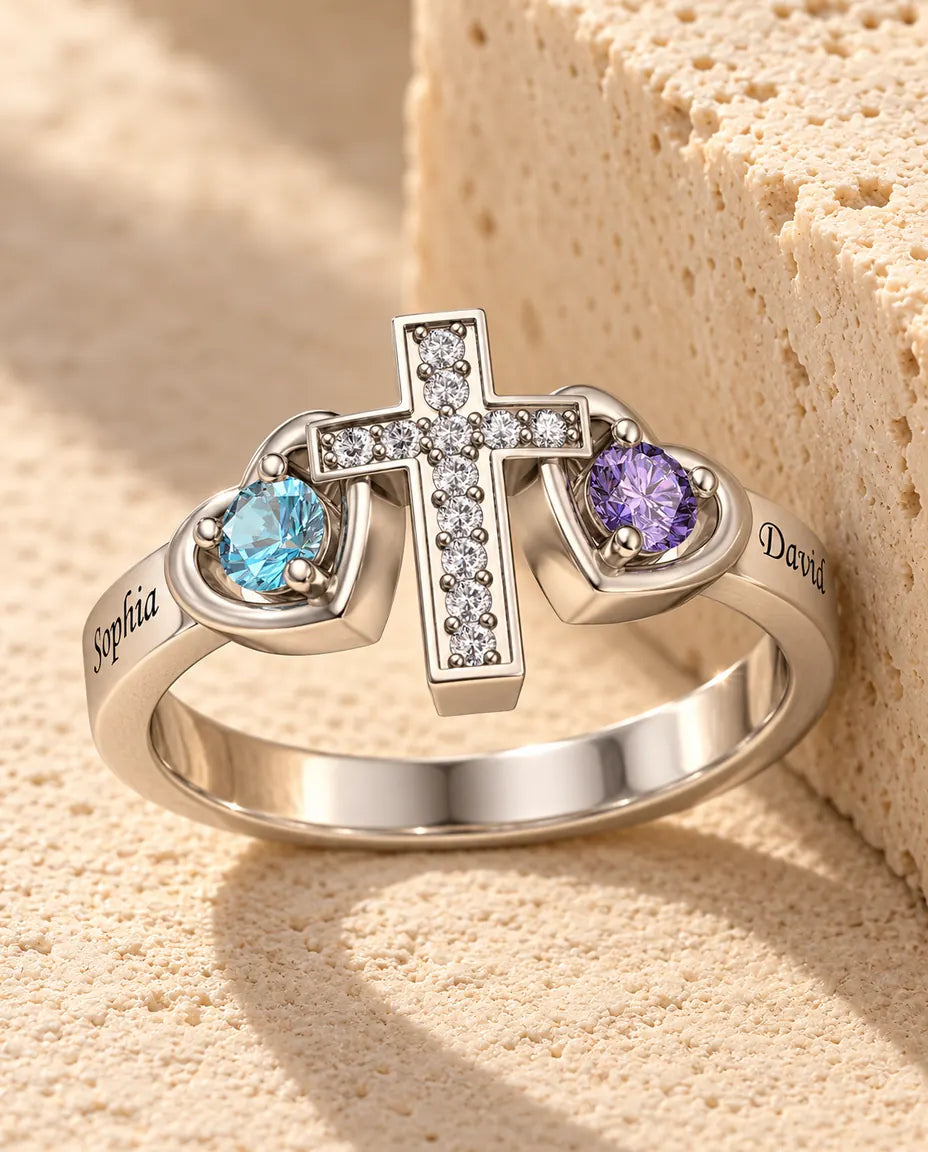 Anillo de Piedras de Nacimiento Personalizado con 2 Nombres - con cruz de circonitas - en plata de ley