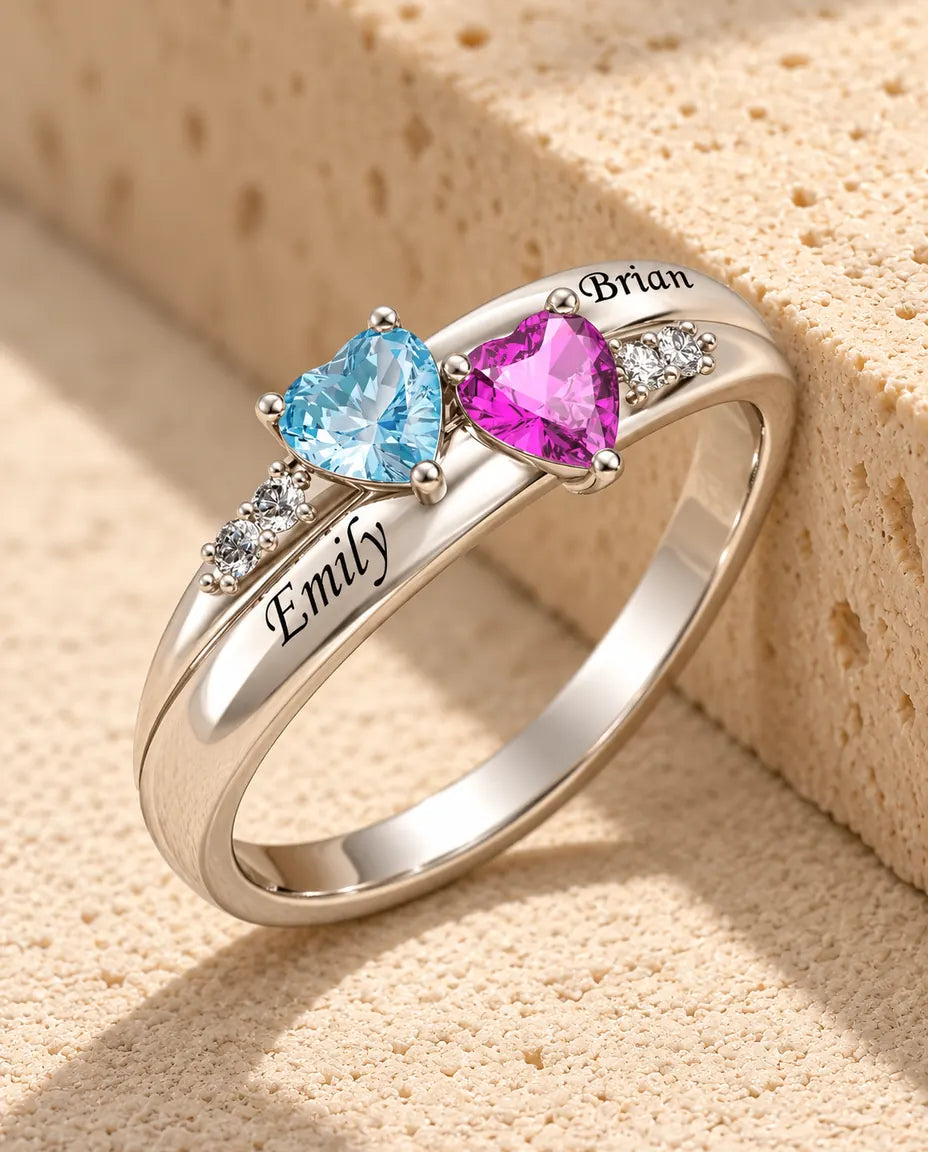 Anillo de Piedras de Nacimiento Personalizado con 2 Nombres - promesa doble corazón - en plata de ley