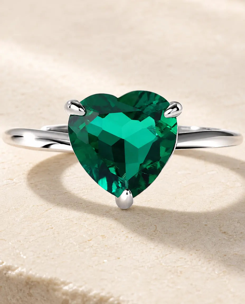 Anillo de esmeralda talla corazón – solitario de laboratorio en aro fino de plata de ley 925, abierto y ajustable