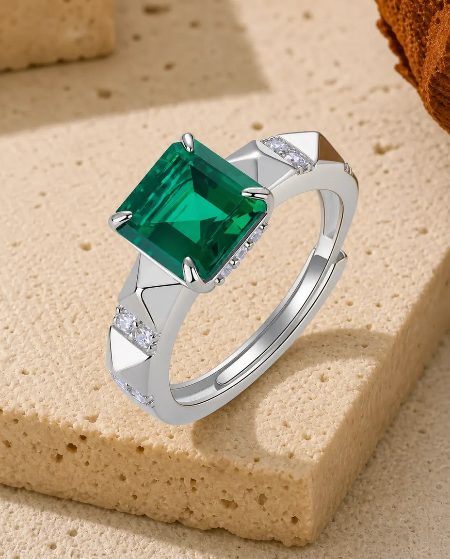 Anillo de esmeralda cuadrada de 8x8 mm – aro Art Déco de plata de ley 925, abierto y ajustable
