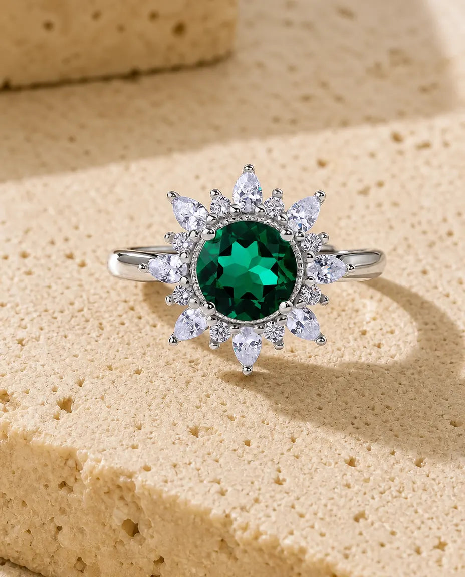 Anillo de esmeralda con halo de girasol – esmeralda redonda creada en laboratorio, plata de ley 925