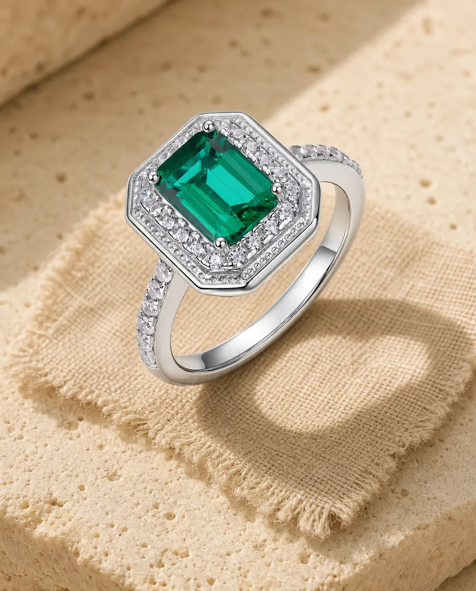 Anillo de esmeralda – octógono creado en laboratorio con halo en pavé, plata de ley 925, aire Art déco