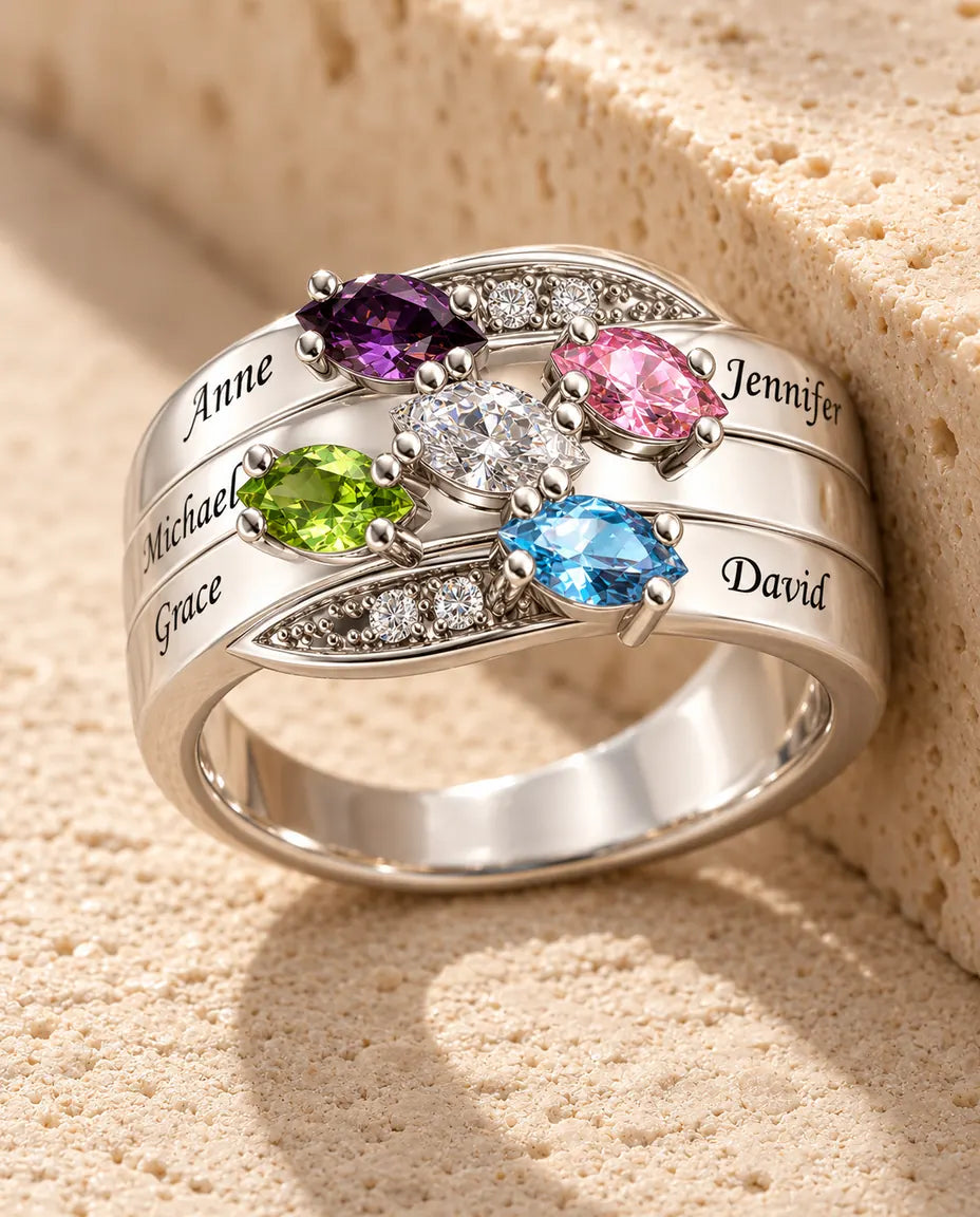 Anillo de Piedras de Nacimiento Personalizado con 5 Nombres - anillo familiar para mamá - en plata de ley