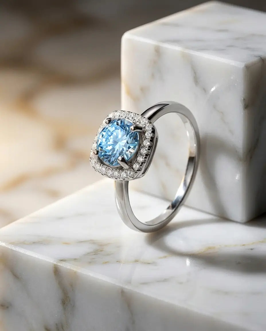 Anillo de moissanita azul mar de 1 quilate – halo clásico VVS1 en plata de ley 925, regalo para ella