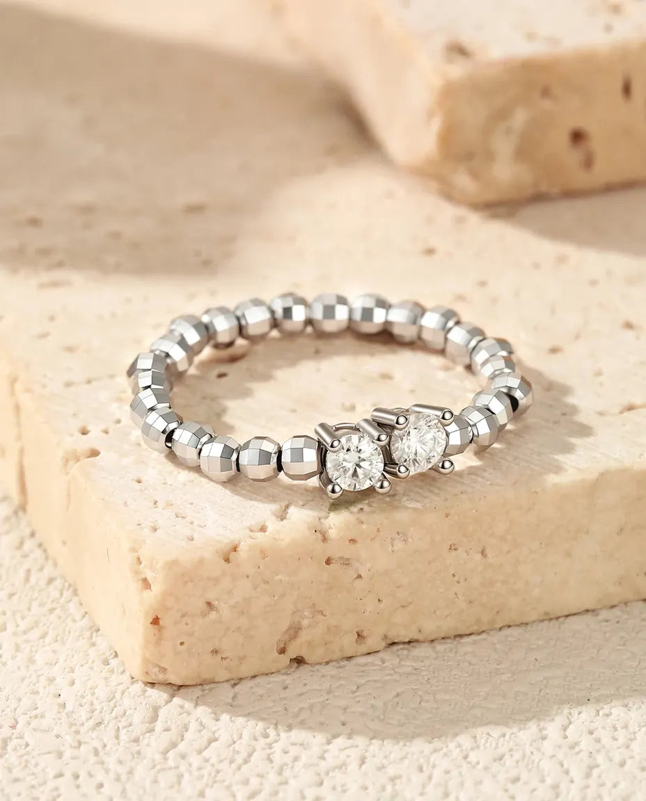 Anillo de moissanita ajustable – dúo color D 0,2 ct en plata de ley 925, aro de bolitas facetadas, regalo para ella