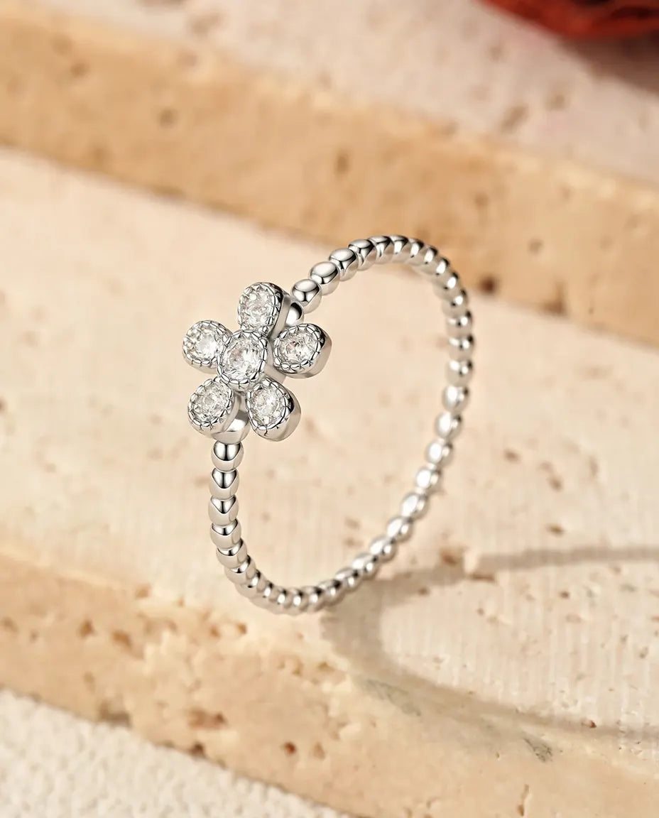Anillo de moissanita – flor pavé de 5 piedras color D VVS en plata de ley 925, anillo de promesa para ella