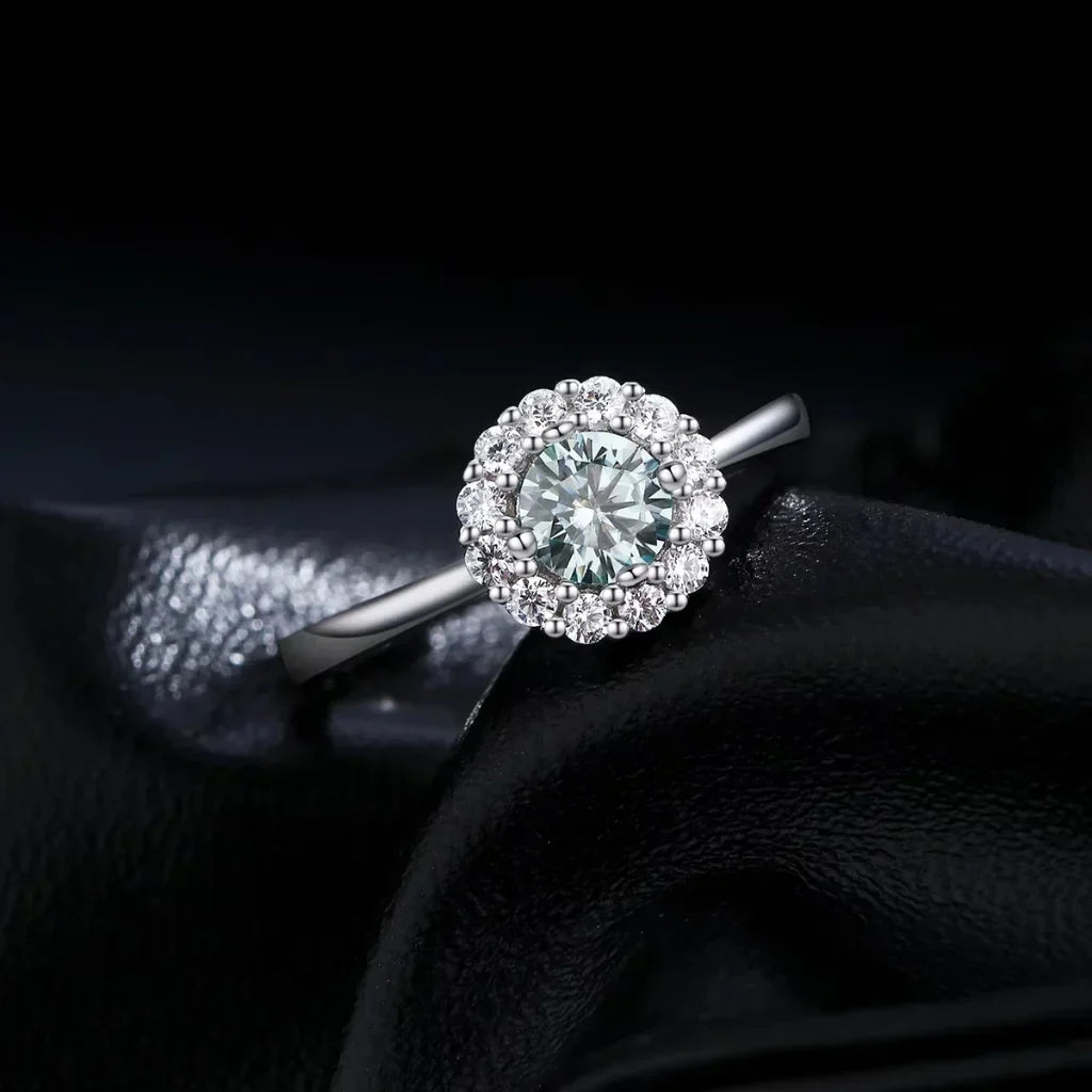 Anillo de moissanita con halo verde azulado 0,50 ct – plata de ley 925, anillo de compromiso con color
