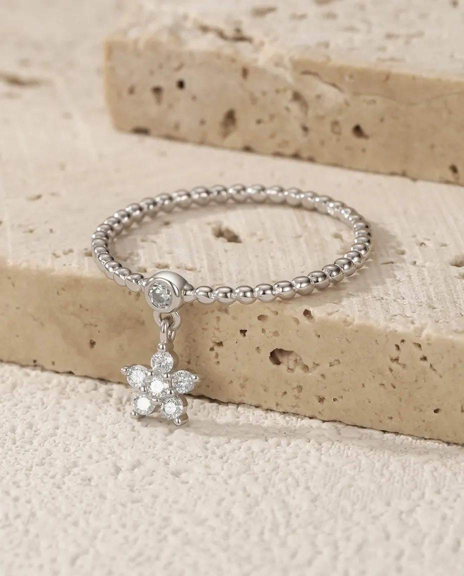 Anillo de moissanita – margarita con piedra colgante color D y aro de bolitas, plata de ley 925