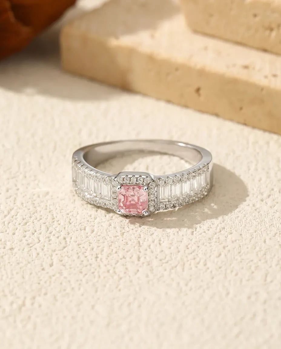 Anillo de moissanita rosa – talla Asscher 0,4 ct con halo y baguettes, plata de ley 925, regalo para ella