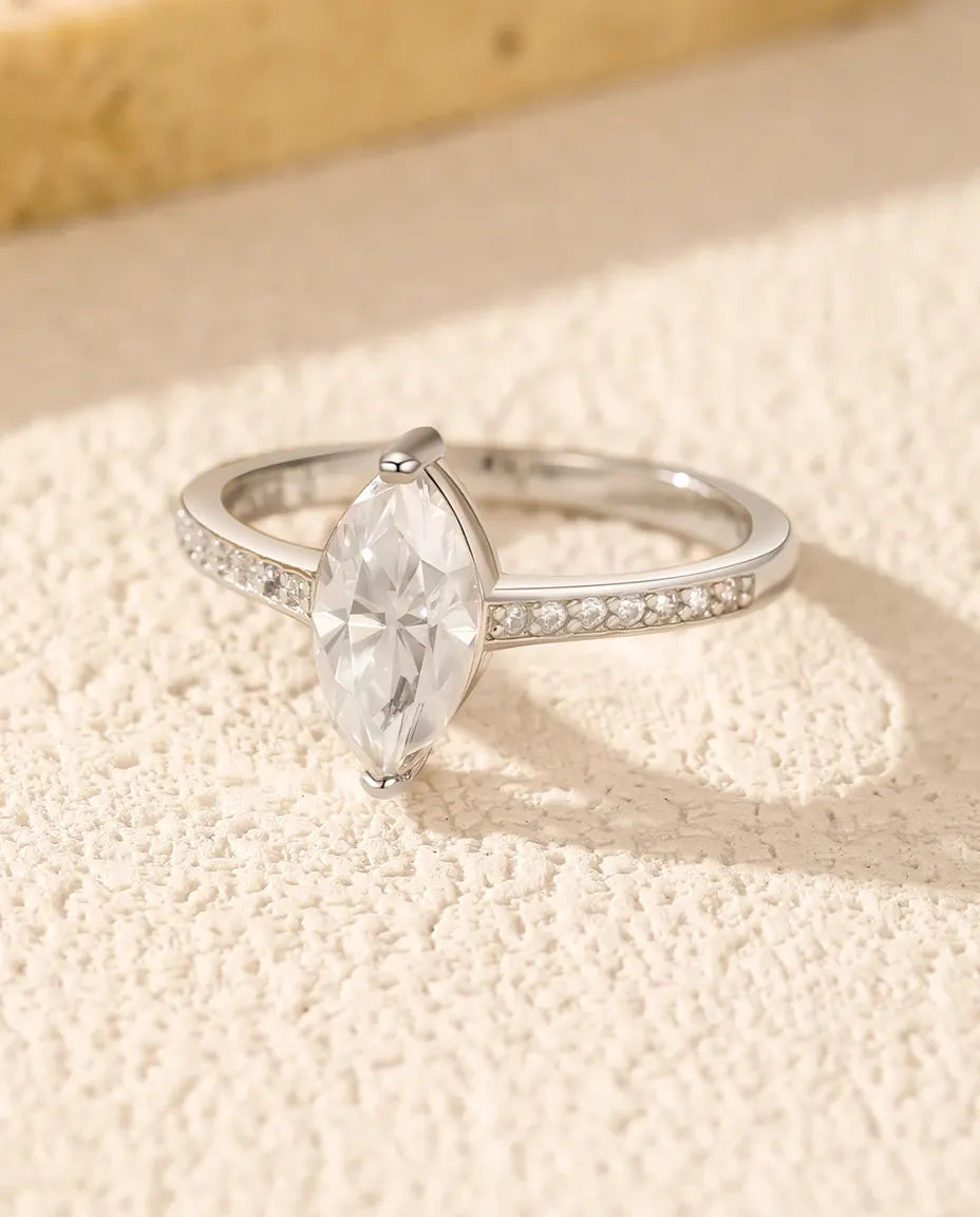 Anillo de moissanita – solitario talla marquesa de 1 ct color D, plata de ley 925, anillo de compromiso
