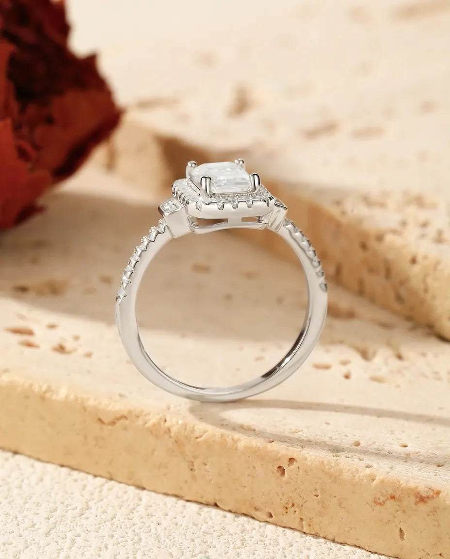 Anillo de moissanita de 1 ct talla esmeralda – halo art déco en plata de ley 925, anillo de compromiso vintage