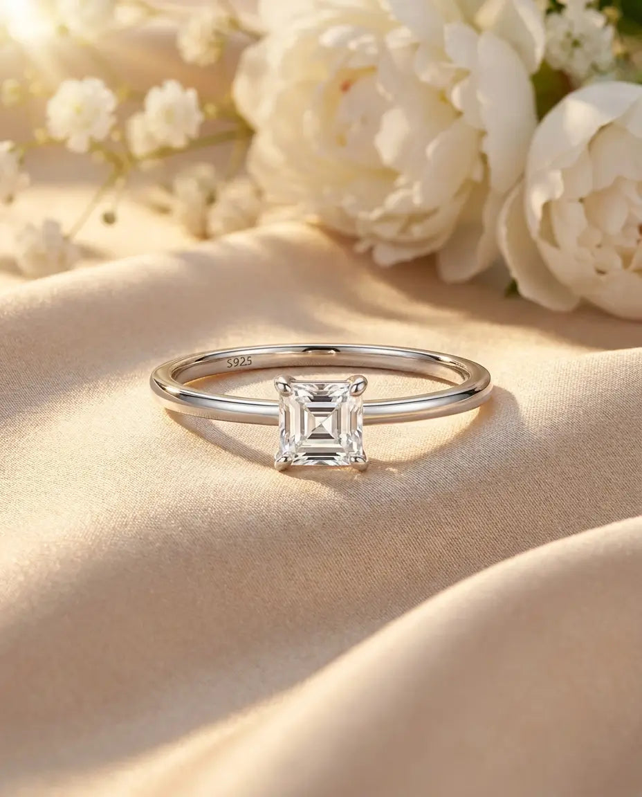Anillo de moissanita talla princesa 0,35 ct – aro fino de plata de ley 925, anillo de promesa