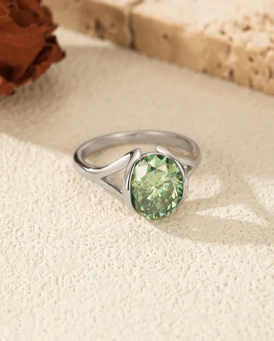 Anillo de moissanita verde – 3 ct talla ovalada creada en laboratorio, engaste tensión en plata de ley 925, para ella