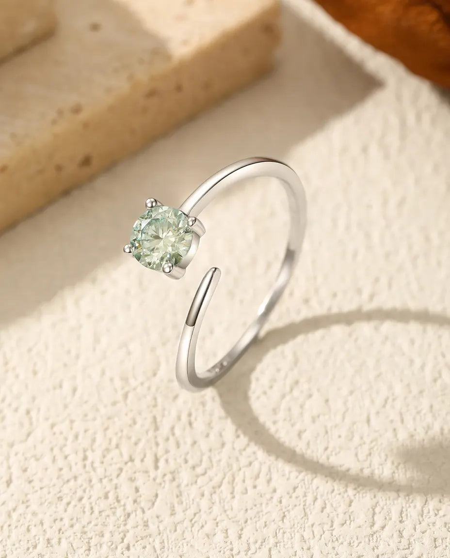 Anillo de moissanita verde – solitario de 0,5 ct, aro abierto ajustable, plata de ley 925, regalo para ella