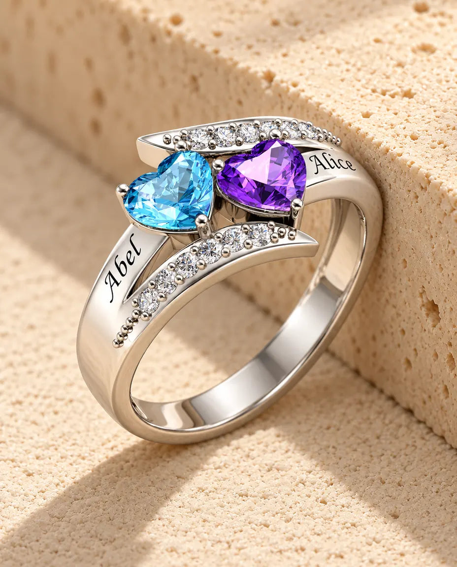 Anillo de Piedras de Nacimiento Personalizado con 2 Nombres - anillo de pareja cruzado - en plata de ley