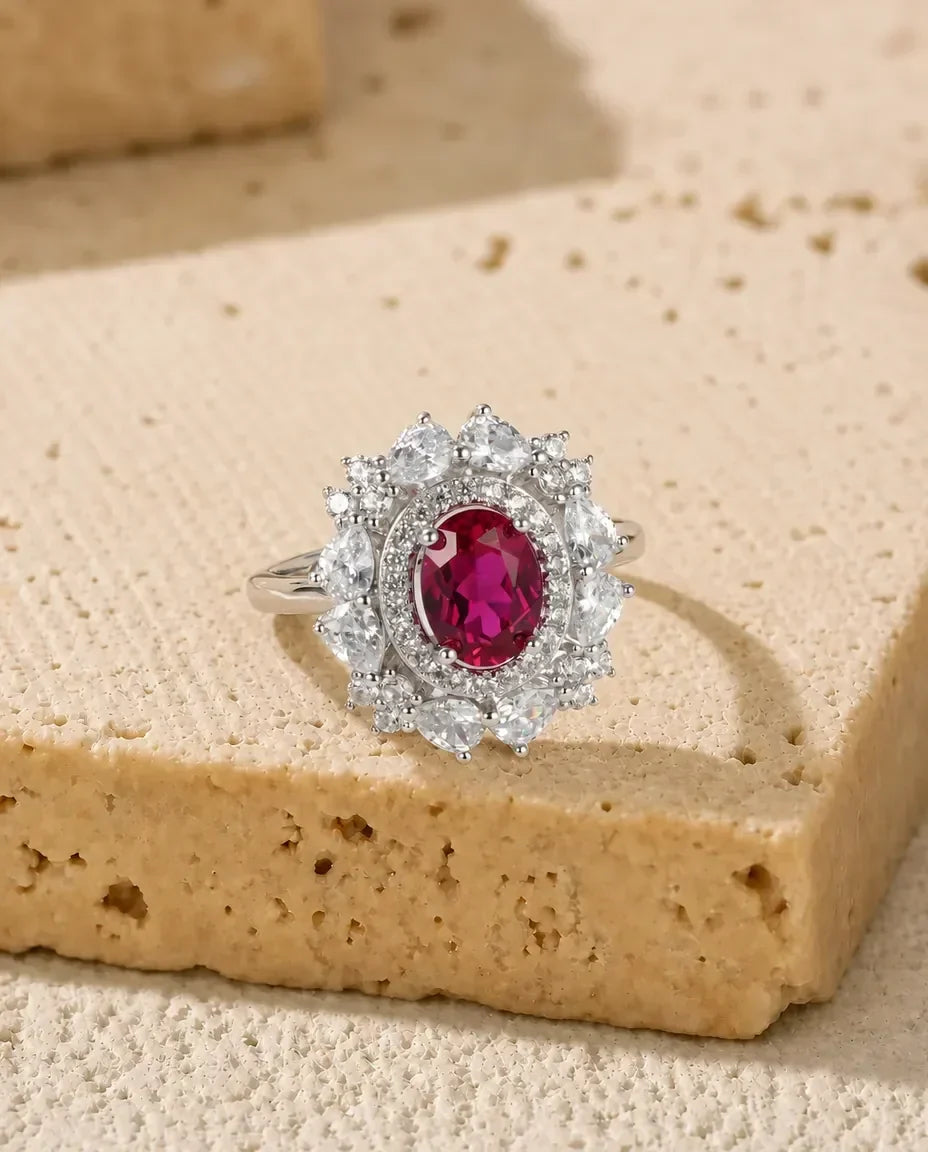 Anillo de rubí creado en laboratorio – óvalo con doble halo de circonitas, aro abierto ajustable, plata de ley 925