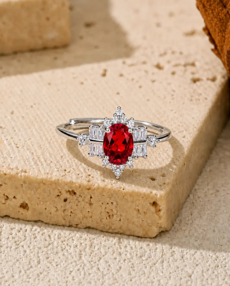 Anillo de rubí de laboratorio – halo copo de nieve de circonitas, aro ajustable de plata de ley 925