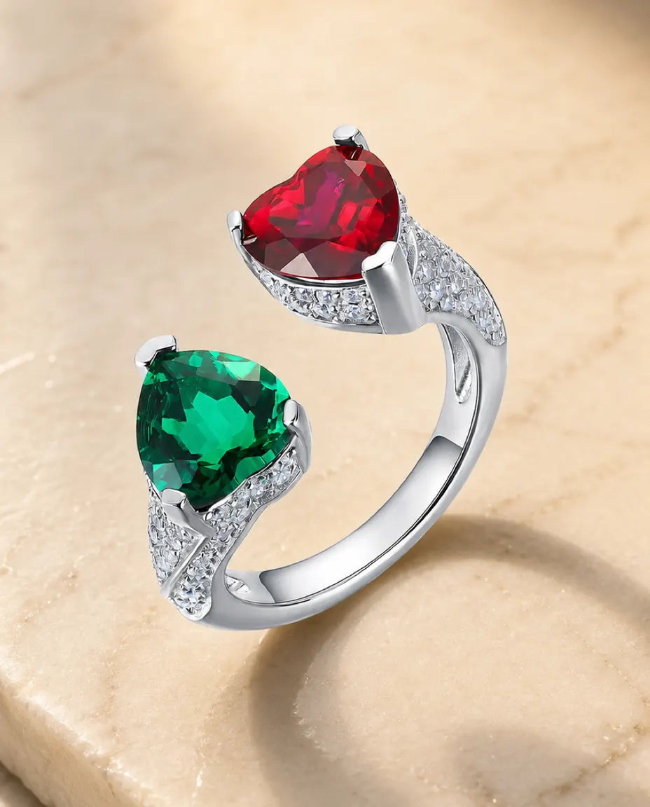 Anillo tú y yo – doble corazón de esmeralda y rubí creados en laboratorio, plata de ley 925