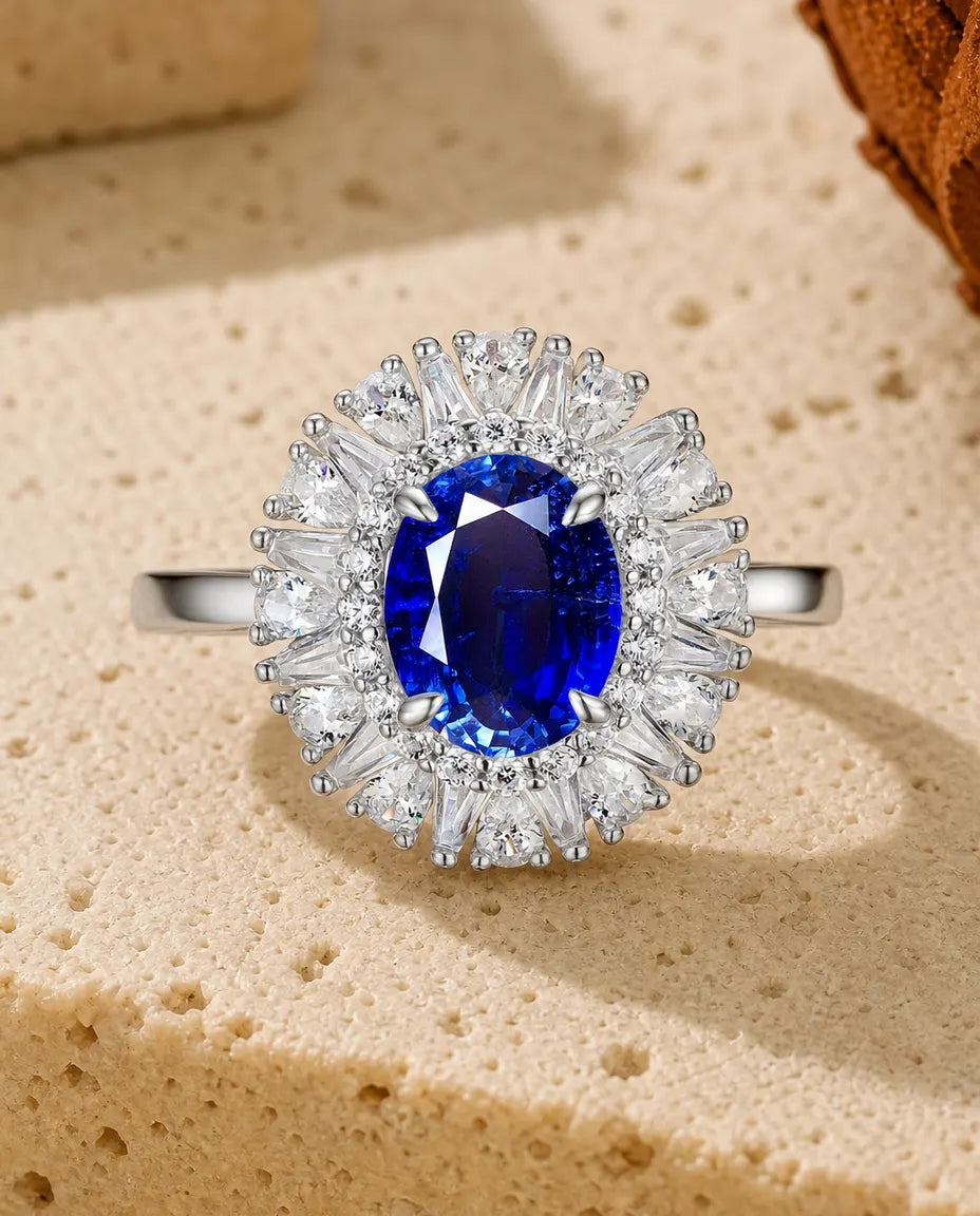 Anillo de zafiro – óvalo azul creado en laboratorio con halo de rayos, plata de ley 925, piedra de septiembre