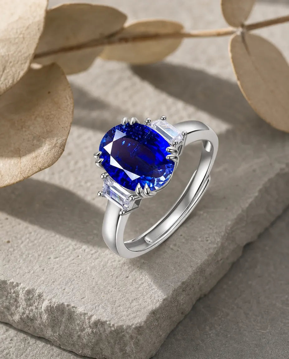 Anillo de zafiro – óvalo azul de 8x10 mm creado en laboratorio con baguettes laterales, plata de ley 925