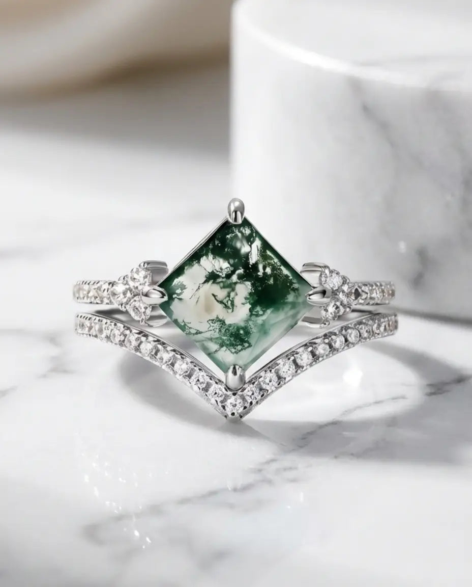Anillos de ágata musgosa talla princesa de 7x7 mm – dúo de boda con alianza chevron pavé en plata de ley 925