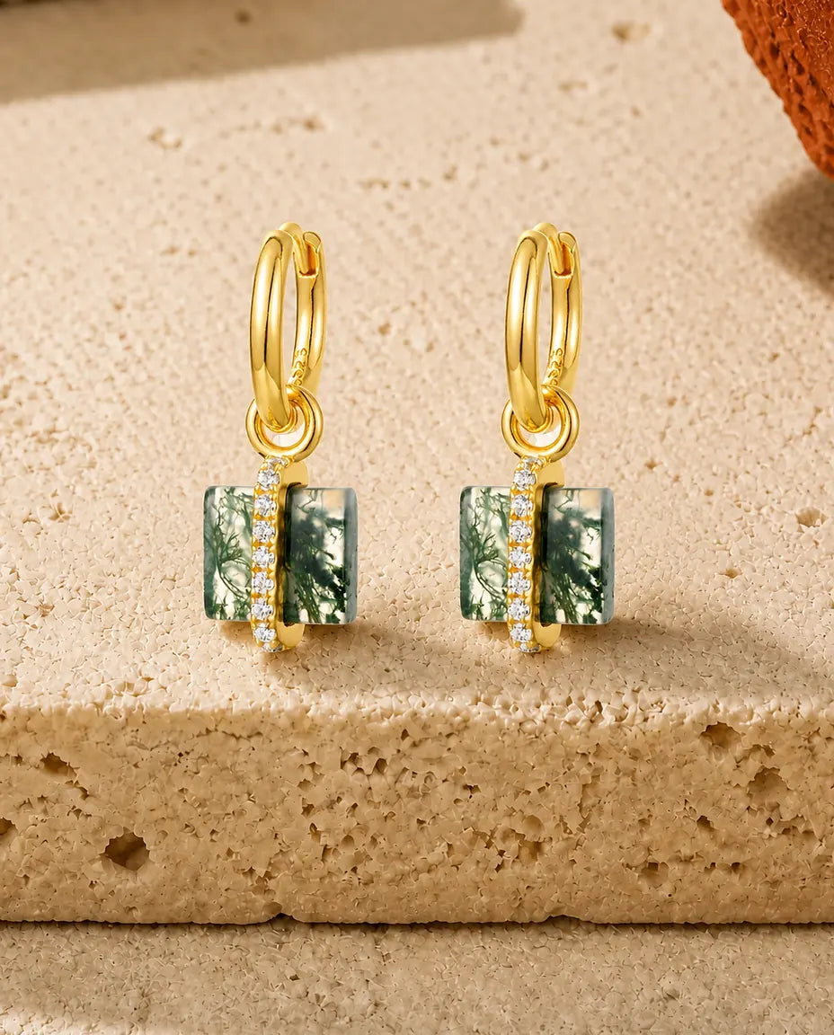 Aros de ágata musgosa - Bloque cuadrado de ágata musgosa con barra pavé, plata de ley 925 bañada en oro de 10 quilates