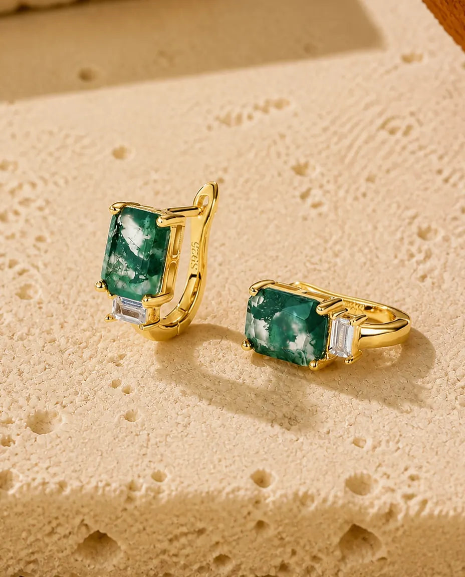 Aros de ágata musgosa - Talla esmeralda de 6 x 8 mm con circonita baguette, plata 925 con baño de oro 10K, regalo para ella