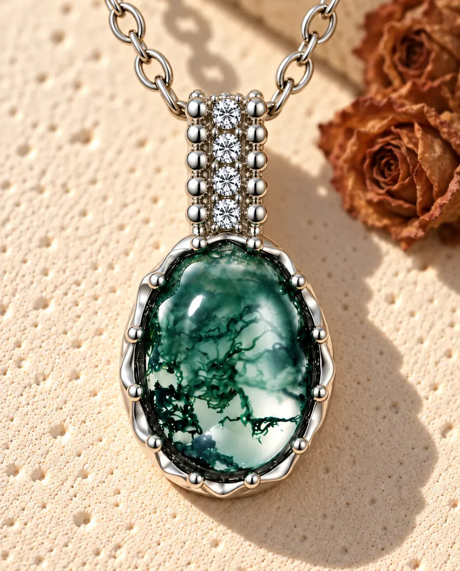 Collar de Ágata Musgosa Ovalada en Plata 925 - sobre una superficie clara con textura junto a un bloque de travertino