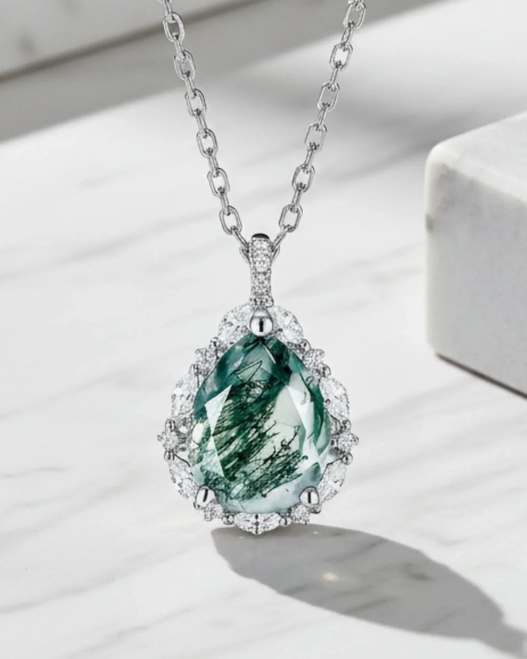 Collar de ágata musgosa – talla pera con halo de circonitas, colgante de plata de ley 925, regalo para ella