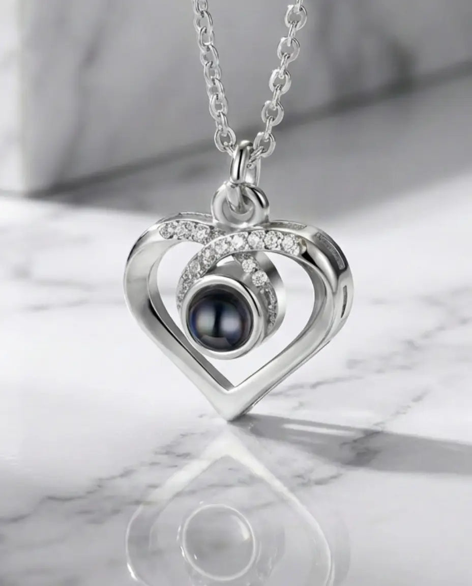 Collar con foto dentro – colgante corazón e infinito, plateado u oro rosa, regalo para ella