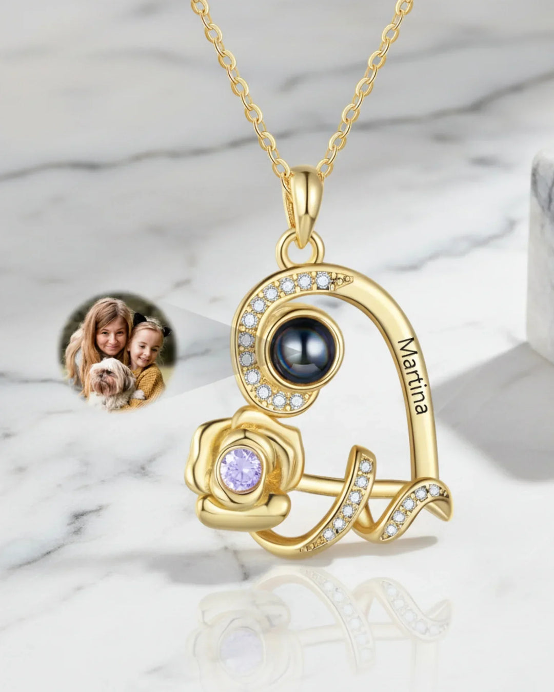 Collar con Foto Dentro – Colgante de Rosa y Corazón con Nombre Grabado y Piedra de Nacimiento, Regalo para Ella