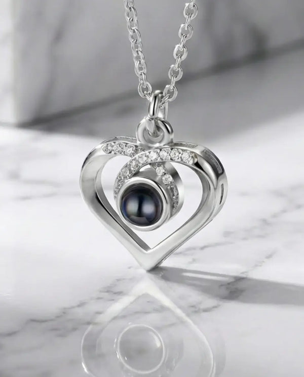 Collar con foto dentro – colgante infinito con corazón, en plateado u oro rosa, regalo para ella en vuestro aniversario