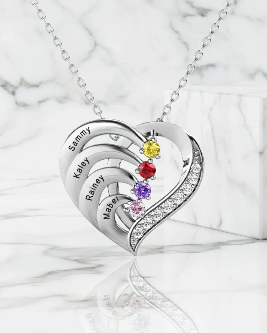 Collar corazón grabado con 4 nombres y 4 piedras de nacimiento — plata de ley 925, regalo para mamá